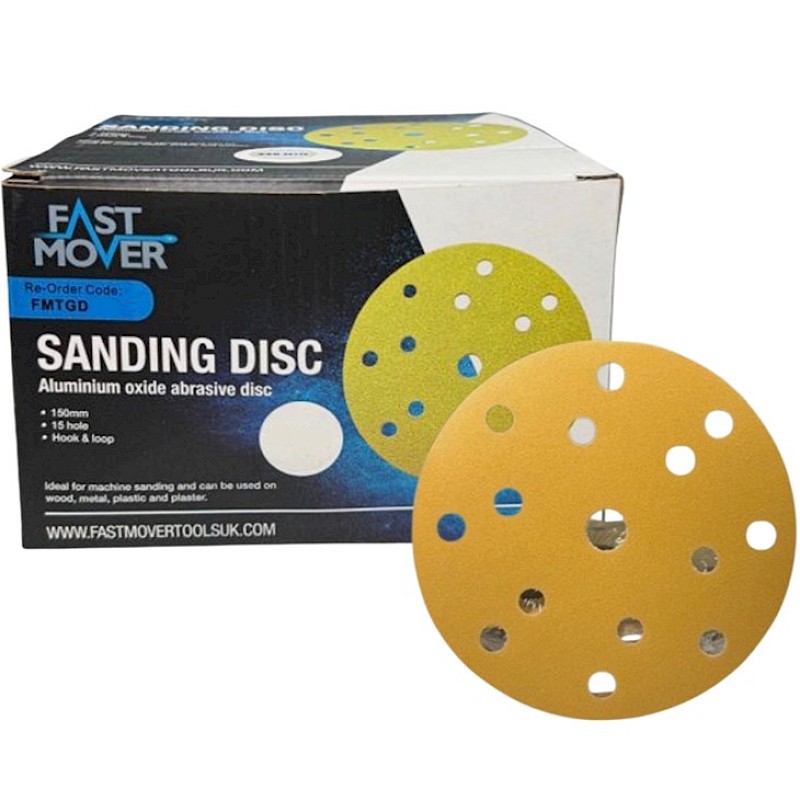Fast Mover p180 Gold 150mm Sanding Discs 15 Hole (x100) - Image 1